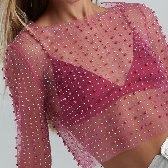 Damen Transparentes Oberteil mit kunstvollen Perlenakzenten