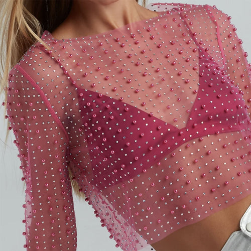Damen Transparentes Oberteil mit kunstvollen Perlenakzenten