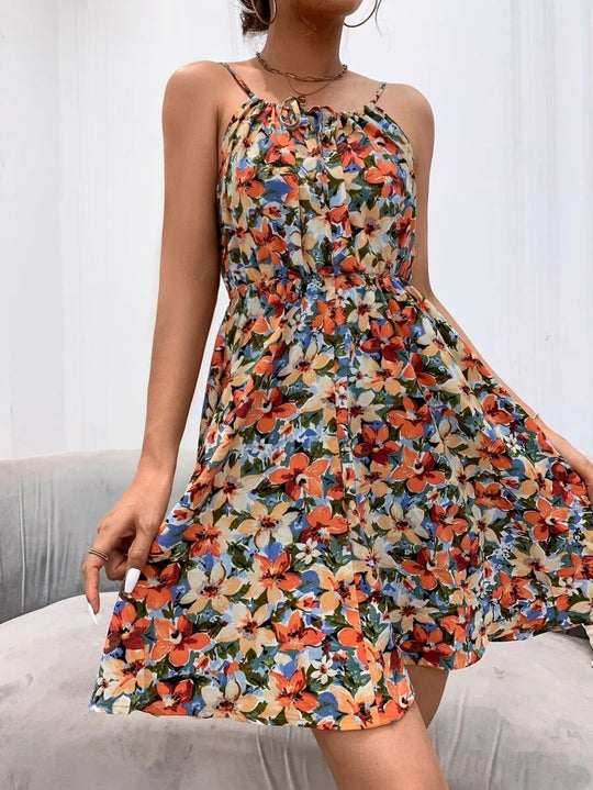 Damen Florales Sommerkleid mit Spaghettiträgern und tailliertem A-Linien-Schnitt Shop Nory