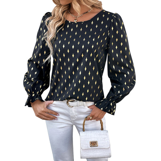 Damen Satinbluse mit Rautendruck, U-Boot-Ausschnitt und gerafften Manschetten Shop Nory