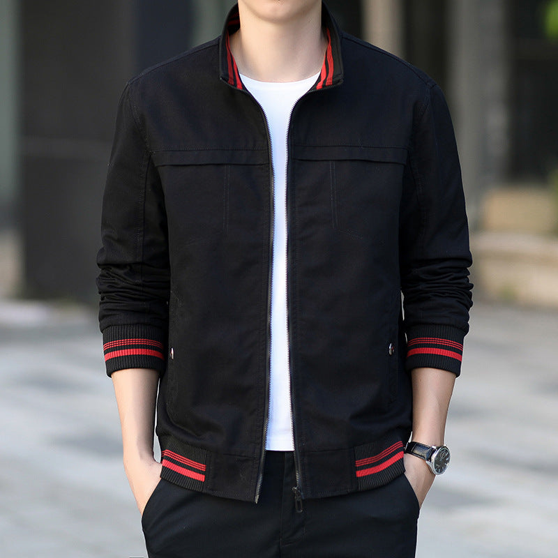 Herren moderner Canvas-Bomberjacke im Worker‑Stil mit gestreiften Rippbündchen und Reißverschluss Shop Nory