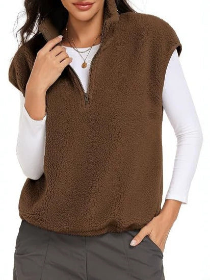 Damen Ärmellose Teddy-Fleece-Weste mit halbem Reißverschluss und Stehkragen Shop Nory