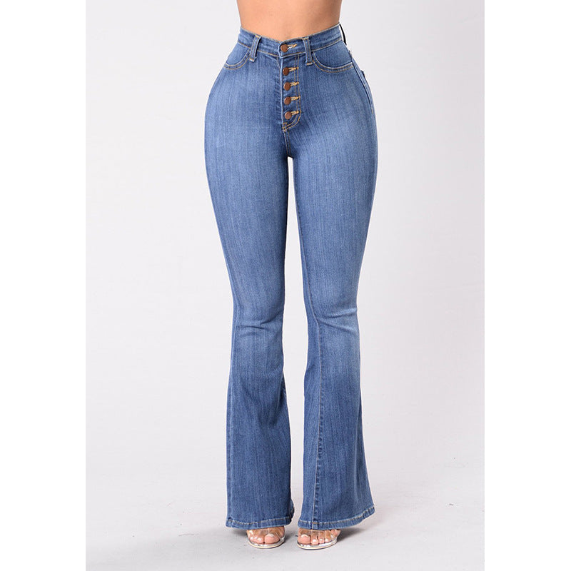 Damen High-Waist Flared Jeans mit dekorativen Knopfdetails und elastischem Bund Shopnory