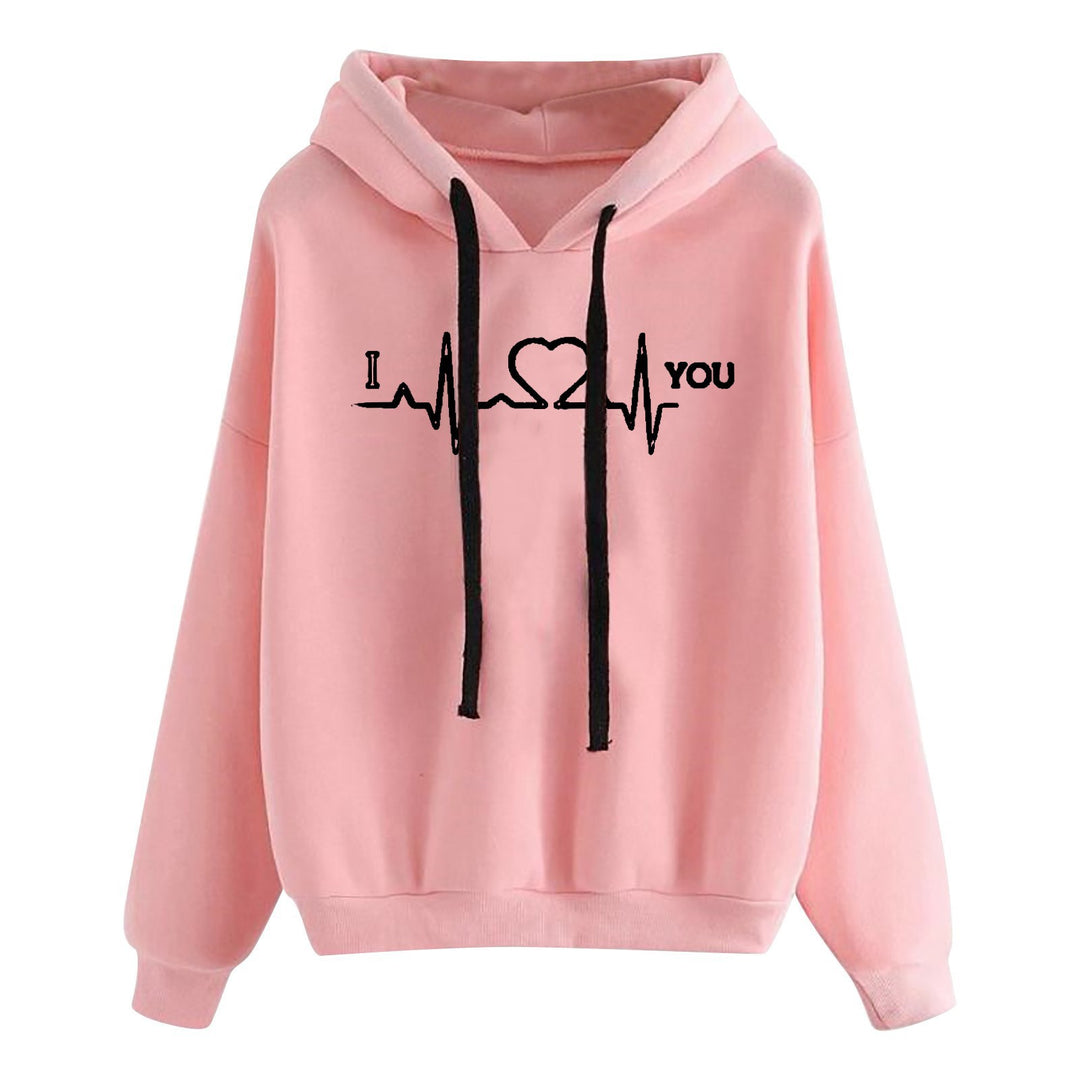 Damen nan leichter Oversize Kapuzenpullover mit Herz‑EKG‑Motiv, langen Kordeln und elastischem Bund Shop Nory