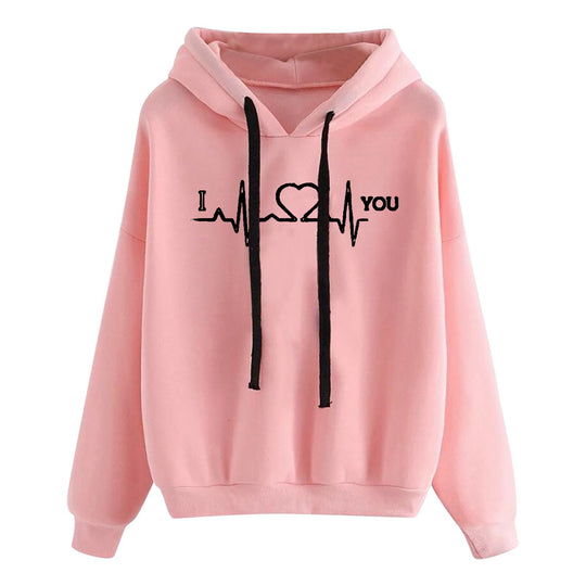 Damen nan leichter Oversize Kapuzenpullover mit Herz‑EKG‑Motiv, langen Kordeln und elastischem Bund Shop Nory