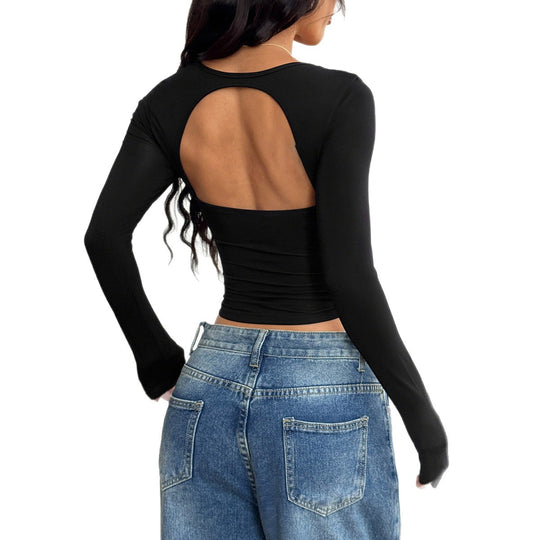 Damen nan tailliertes Langarm-Cropped-Top mit eckigem Ausschnitt, figurbetonter Passform und zierlichem Schmuckknopf-Detail Shop Nory