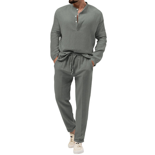 Herren Lässiges Zweiteiliges Lounge-Set aus Baumwoll-Gauze mit Henley-Oberteil und Tunnelzug-Hose Shop Nory