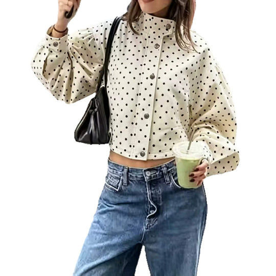 Damen Gepunktete Cropped-Jacke mit Stehkragen, Ballonärmeln und Druckknöpfen Shop Nory