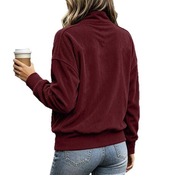 Damen gerippter Henley-Pullover mit Stehkragen und Kängurutasche Shop Nory