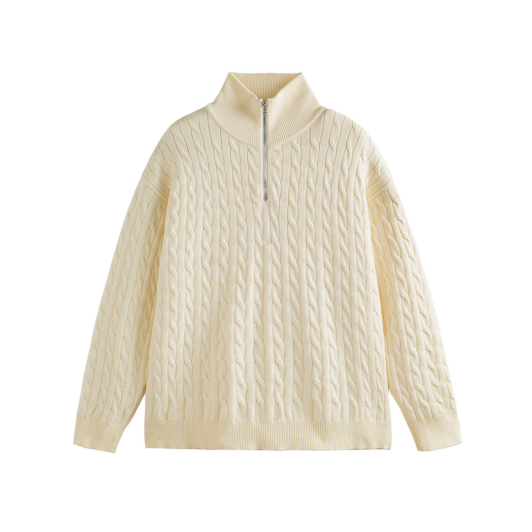 Unisex Grobgestrickter Zopfmuster-Pullover mit Halbzip und hohem Rippkragen Shop Nory