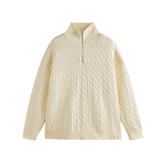 Unisex Grobgestrickter Zopfmuster-Pullover mit Halbzip und hohem Rippkragen Shop Nory