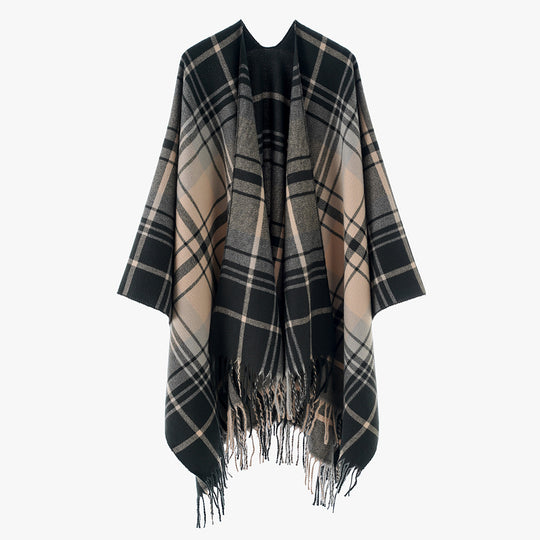 Damen Cape‑Poncho im Oversize‑Deckenstil mit tartanartigem Karomuster und Fransensaum Shop Nory
