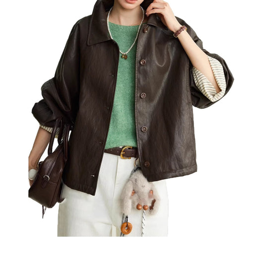 Damen Moderne Lederjacke mit gestreiften Manschetten Shop Nory