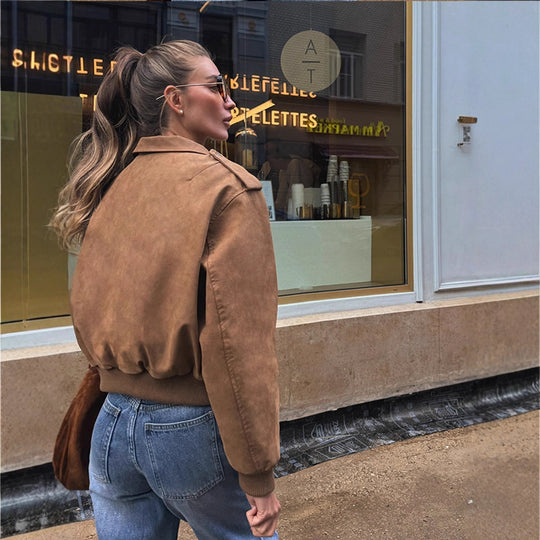 Damen Kurz geschnittene Bomberjacke aus Velourslederoptik mit Rippbündchen Shop Nory