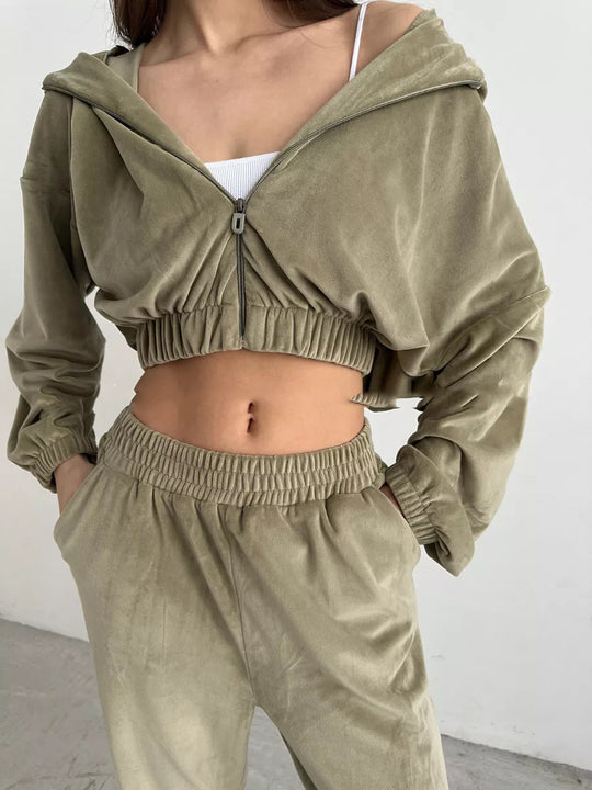 Damen luxuriöser Samt-Trainingsanzug mit geraffter Bomberjacke und High-Waist Jogginghose Shop Nory