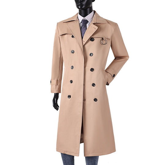 Herren Doppelreihiger Trenchcoat mit Taillierung, Reverskragen und dekorativem Metallring Shop Nory