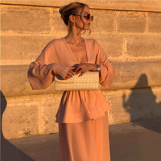 Damen Zweiteiliges Chiffon-Set mit V-Ausschnitt, voluminösen Ärmeln und Plissee-Maxirock Shop Nory