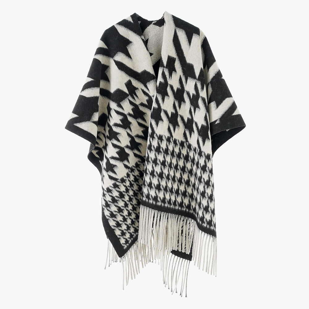 Damen Wollmix-Poncho mit Hahnentritt-Muster und Fransensaum Shop Nory