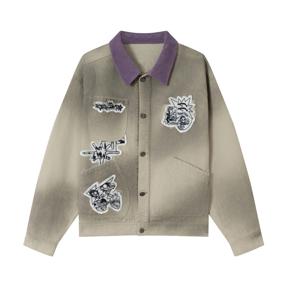 Unisex Kastig geschnittene Chorejacke aus Baumwollcanvas mit artistischen Patch Applikationen und Cordkragen Shop Nory