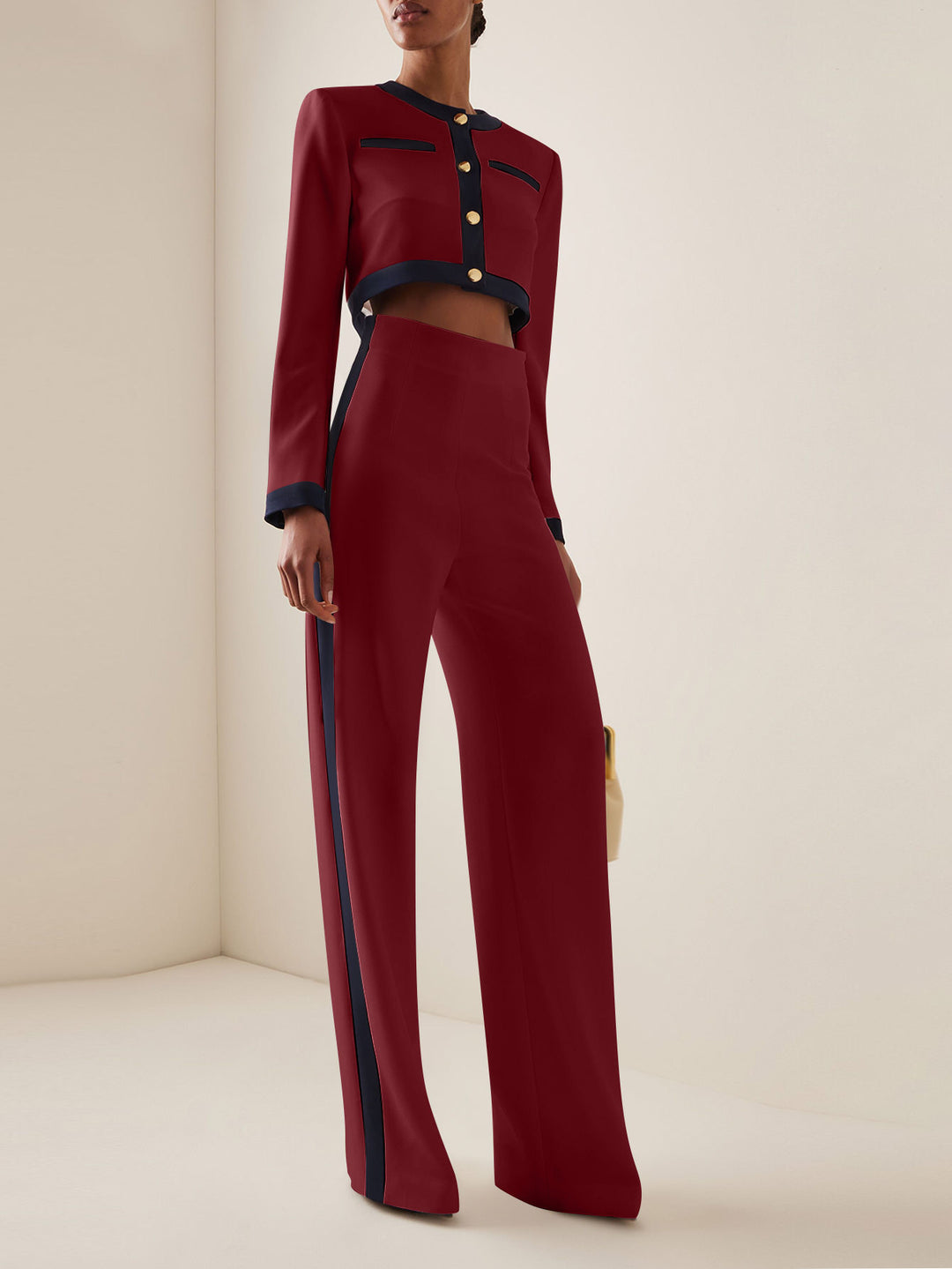 Damen Kurzgeschnittenes Cropped-Tailoring-Set mit Kontrastpaspel und High‑Waist Palazzo-Hose Shop Nory