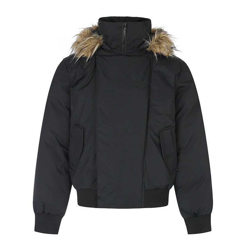 Damen wattierte kurze Bomberjacke mit abnehmbarer Kunstfellkapuze, hohem Stehkragen und Rippbündchen Shop Nory