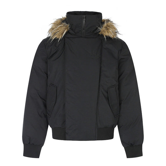 Damen wattierte kurze Bomberjacke mit abnehmbarer Kunstfellkapuze, hohem Stehkragen und Rippbündchen Shop Nory
