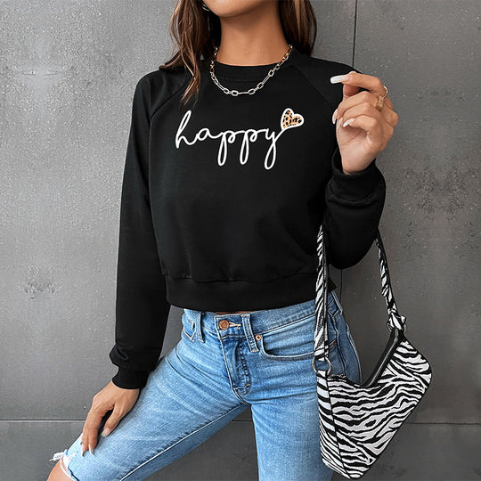 Damen Cropped-Sweatshirt mit Script-Print, Herz-Applikation und Raglanärmeln Shop Nory