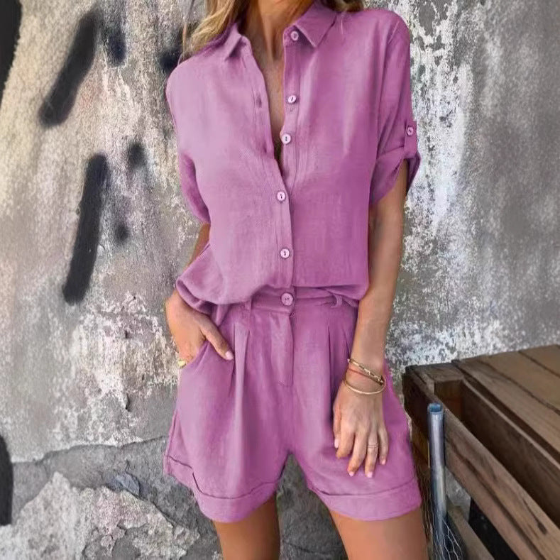 Damen Lässiges Jumpsuit-Set mit knöpfbarem Oberteil und elastischem Taillenzug Shopnory