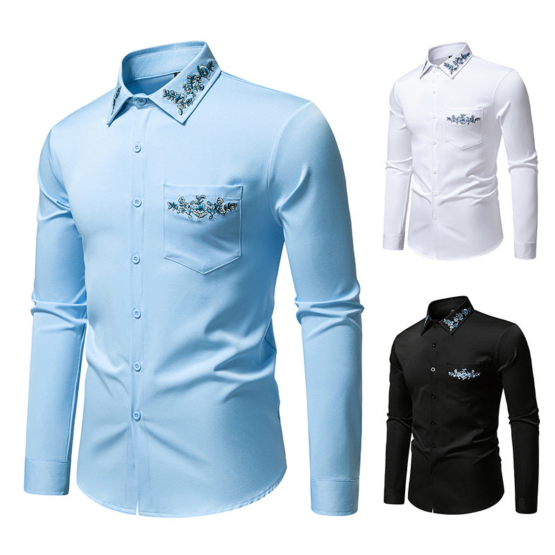 Herren Elegantes Slim-Fit Hemd mit floraler Stickerei am Kragen und aufgesetzter Brusttasche Shop Nory