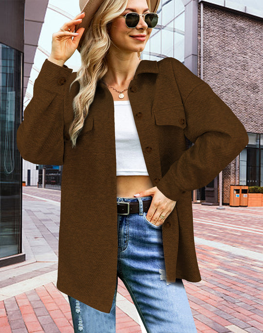 Damen Longline Oversize Hemdjacke mit aufgesetzten Pattentaschen und Strukturstoff Shop Nory