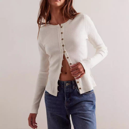 Damen gerippte taillenbetonte Knopf-Strickjacke mit Rundhals Shop Nory
