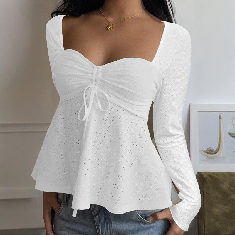 Damen Spitzenbluse mit Herz-Ausschnitt, gerafftem Bustier und ausgestelltem Saum Shop Nory