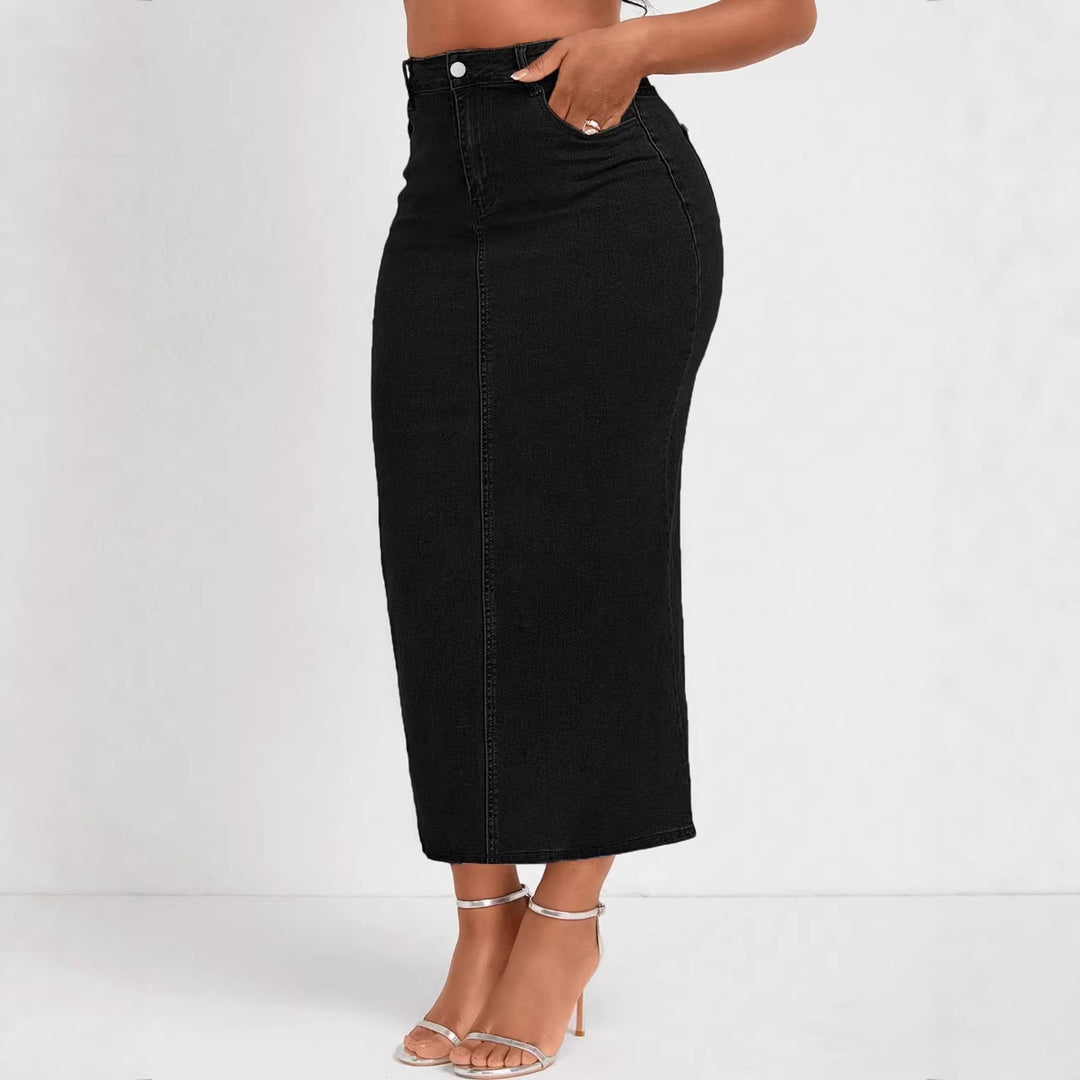 Damen Taillenhoher Stretch-Denim-Midirock mit sichtbarer Mittelnaht und Five-Pocket-Design Shop Nory