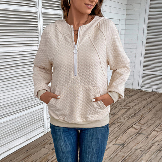 Damen Stepp-Hoodie mit halbem Reißverschluss, Kängurutasche und gesteppter Struktur Shop Nory