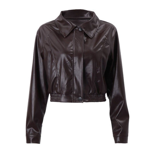 Damen Kurz geschnittene PU-Jacke im Blouson-Stil mit Hemdkragen und tailliertem Gummibund Shop Nory