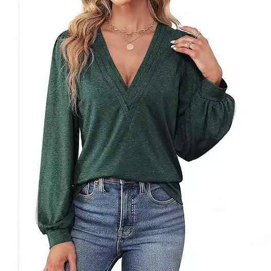 Damen lässiges V-Ausschnitt Shirt mit Puffärmeln und eleganter Raffung Shopnory