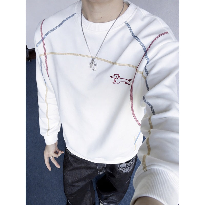 Herren Sweatshirt mit farbiger Ziernaht, gesticktem Hundemotiv und Rundhalsausschnitt Shop Nory