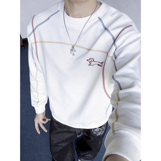Herren Sweatshirt mit farbiger Ziernaht, gesticktem Hundemotiv und Rundhalsausschnitt Shop Nory
