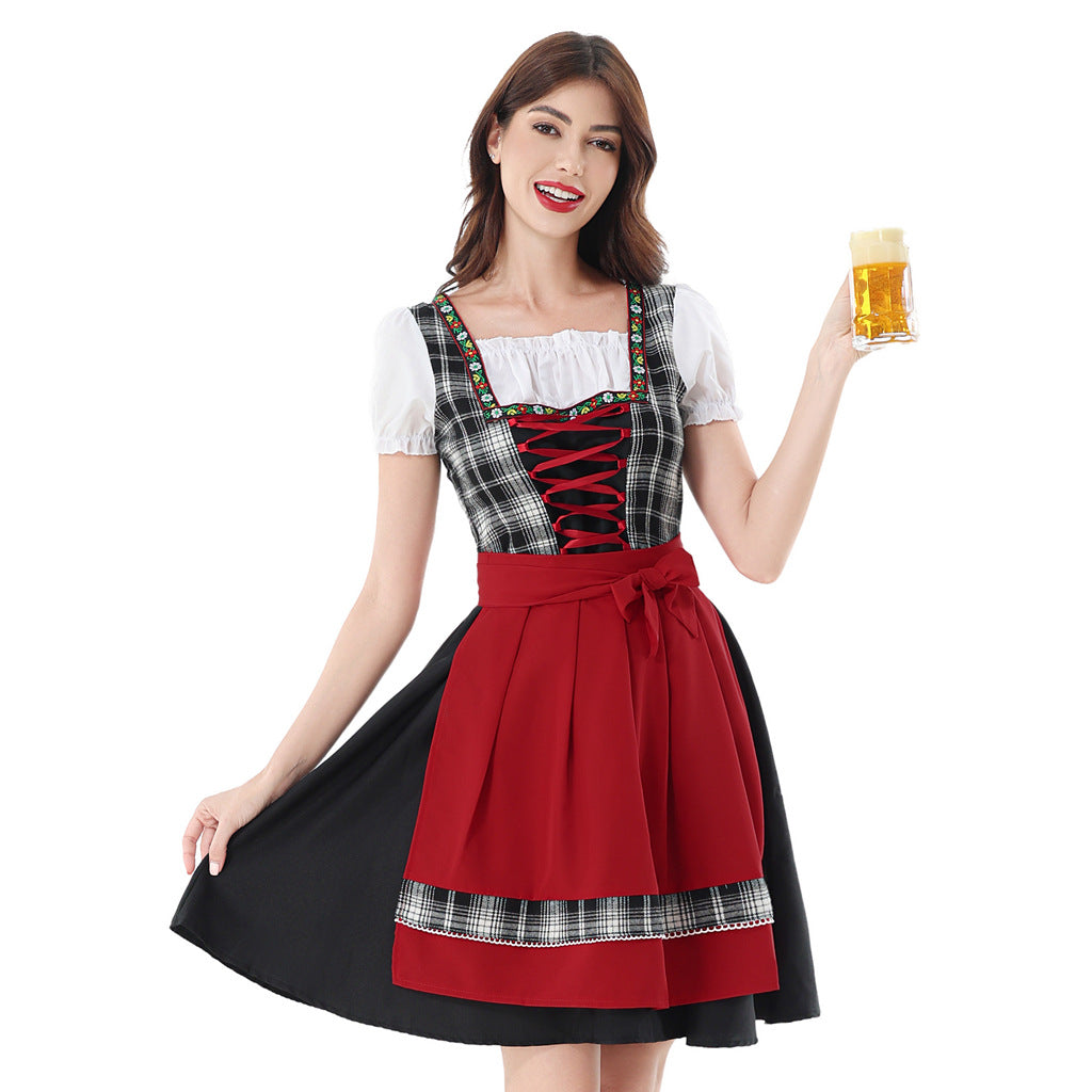 Damen nan traditionelles Dirndlkleid mit kariertem Mieder, Schnürung, Puffärmeln und Schürze Shop Nory
