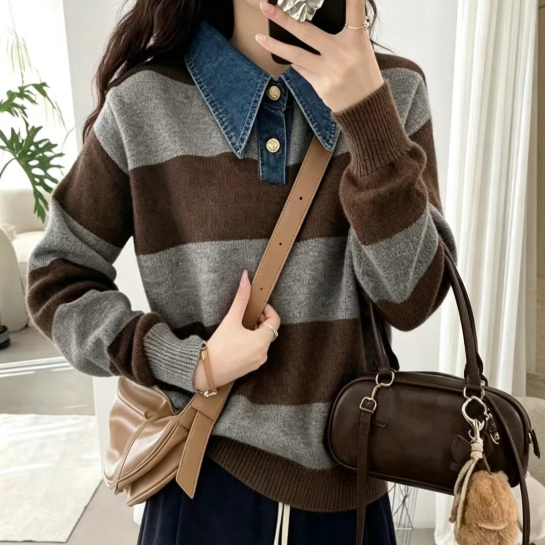 Damen Stilvoller Pullover mit Denim-Kragen Shop Nory