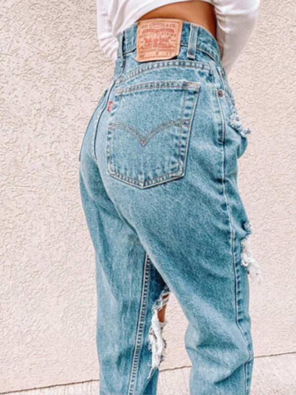 Damen Hochtaillierte Ripped Jeans mit fransigen Details
