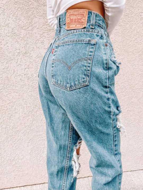 Damen Hochtaillierte Ripped Jeans mit fransigen Details