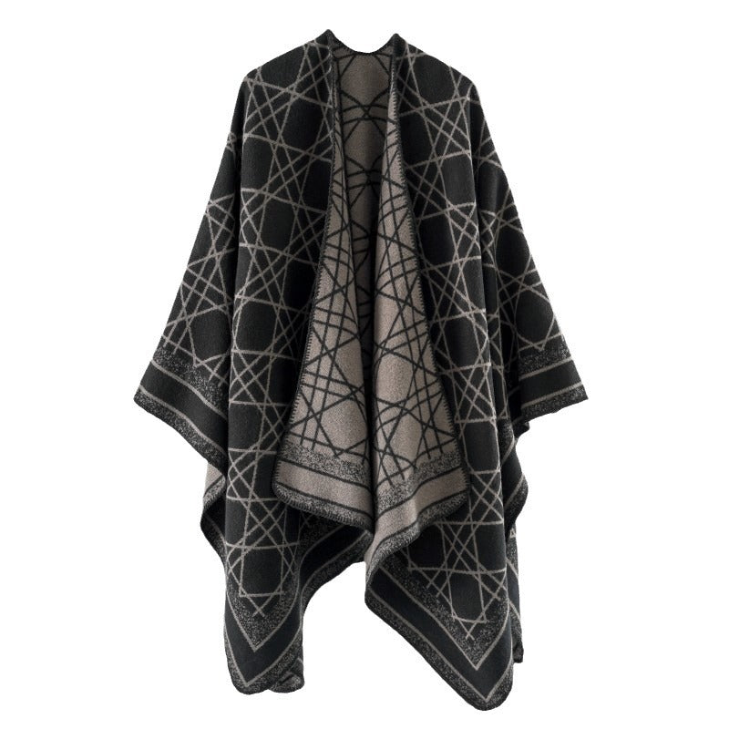 Damen Wendbarer Jacquard-Capeponcho mit geometrischem Allovermuster und offenem Kimono-Fall Shop Nory