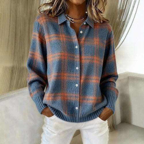 Damen Kariertes Strick-Hemdjacke-Cardigan mit Hemdkragen und gerippten Bündchen Shop Nory