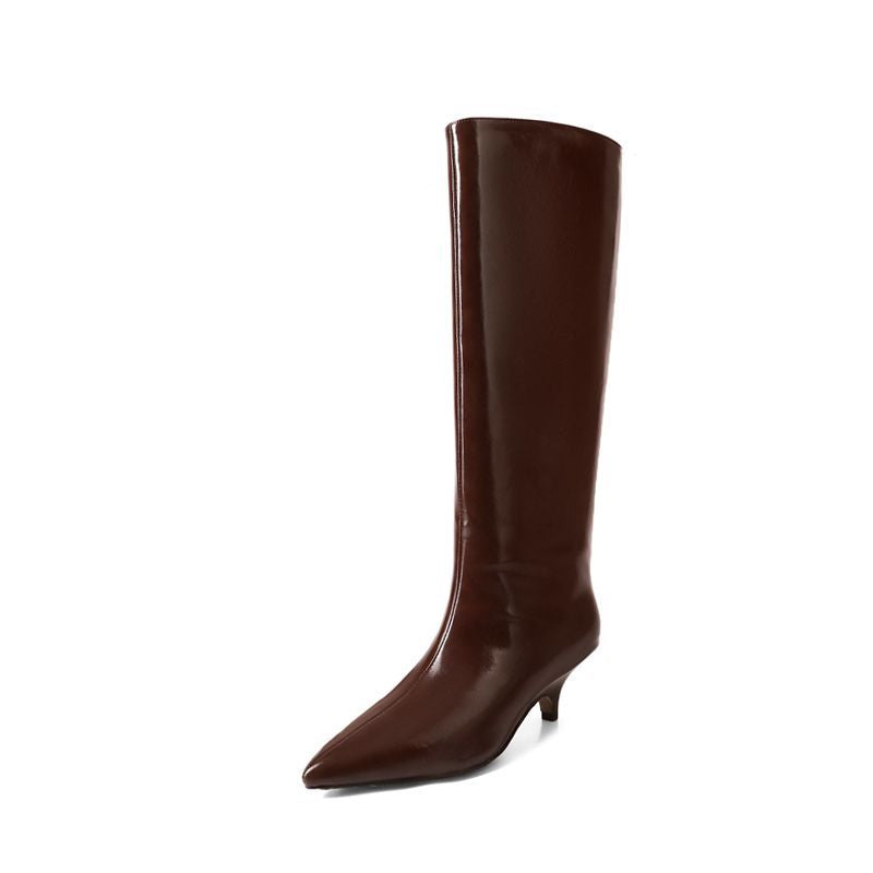 Damen kniehohe Stiefel mit spitzer Zehenkappe und skulpturiertem Kittenabsatz Shop Nory