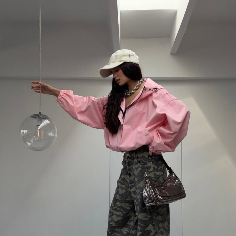 Damen Oversize Windbreaker Jacke mit Kapuze und kurzem Cropped‑Schnitt Shop Nory
