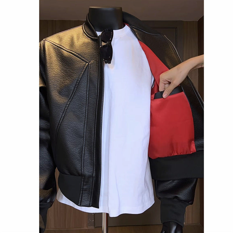 Herren taillierte Bomberjacke aus strukturierter Kunstlederoptik mit Stehkragen und Reißverschluss Shop Nory