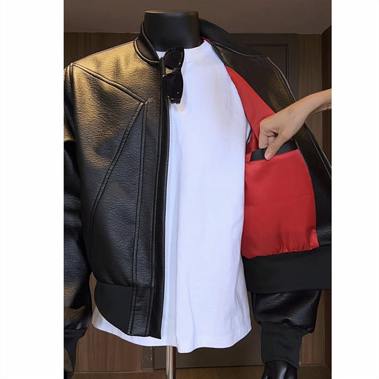 Herren taillierte Bomberjacke aus strukturierter Kunstlederoptik mit Stehkragen und Reißverschluss Shop Nory
