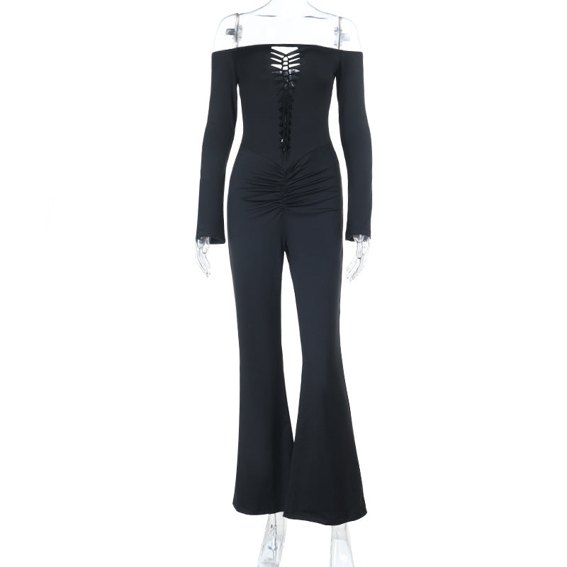Damen schulterfreier figurnahe Jumpsuit mit Schnür-Bustier, Hüftraffung und Schlaghose Shop Nory