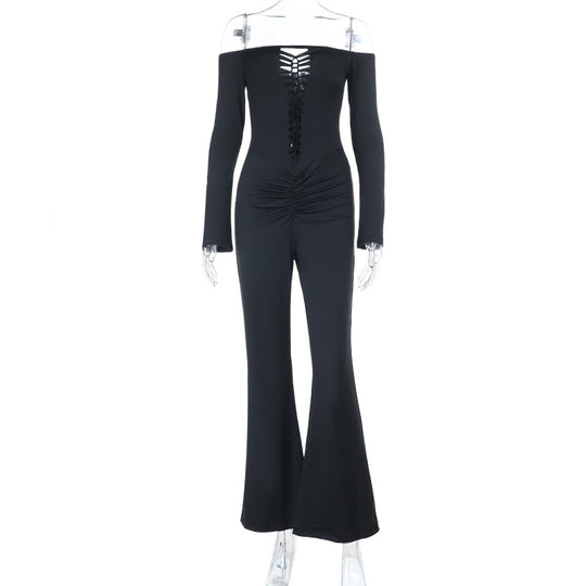 Damen schulterfreier figurnahe Jumpsuit mit Schnür-Bustier, Hüftraffung und Schlaghose Shop Nory